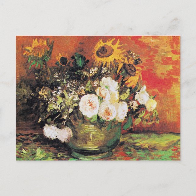 Postal Van Gogh - Tazón con girasoles, rosas y otros (Anverso)