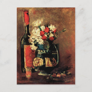 Postal Van Gogh: Vase con claveles, Rosas y una botella