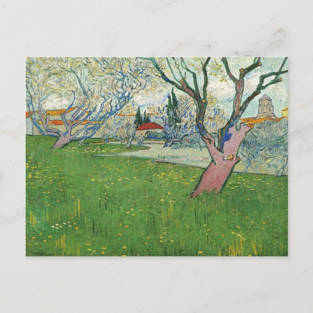 Postal Van Gogh Vista de Arlés, Árboles en flor (F515) (Anverso)