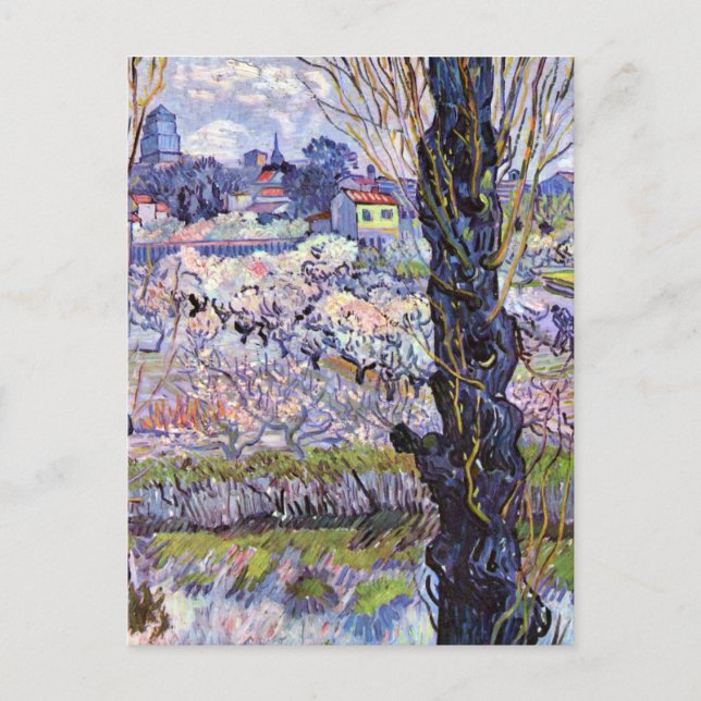 Postal Van Gogh - Vista de Arles, huertos floridos (Anverso)