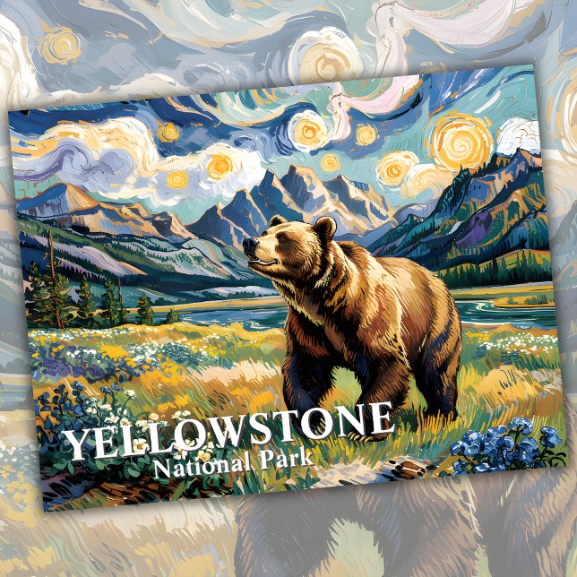 Postal Van Gogh Yellowstone Grizzly Bear Personalizado Te (Van Gogh Yellowstone Grizzly Bear Custom Text Postcard)