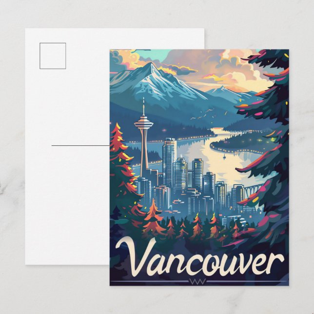 Postal Vancouver Canadá Ilustracion de viaje retro vintag (Anverso / Reverso)