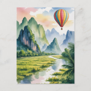 Postal Vang Vieng Laos Globo aerostático acuarela