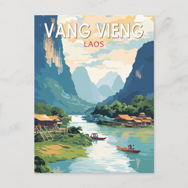 Postal Vang Vieng Laos Viaje Arte Vintage (Anverso)