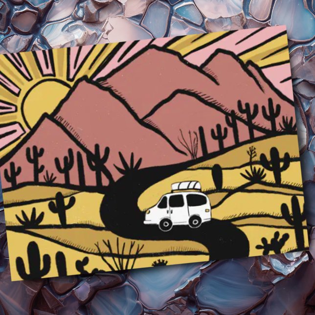 Postal Vanlife Montañas del Desierto Campervan RV Sunrise (Cute road trip vanlife desert custom postcard)