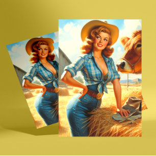 Postal Vaquera antigua pin-up linda