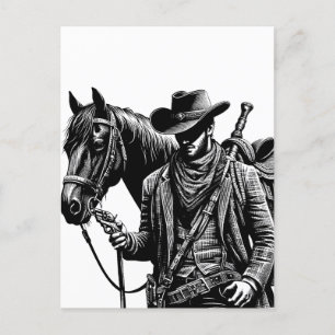 Postal Vaquero con ilustracion de caballo arte occidental