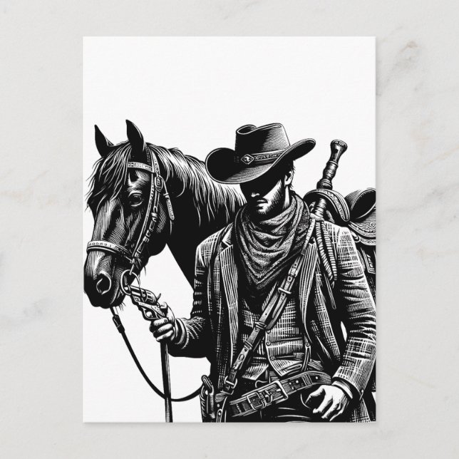 Postal Vaquero con ilustracion de caballo arte occidental (Anverso)