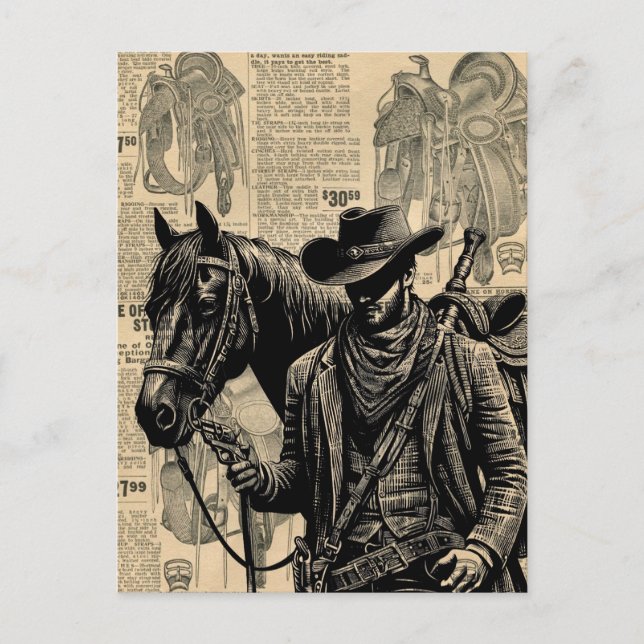 Postal Vaquero con montura de caballo arte occidental (Anverso)