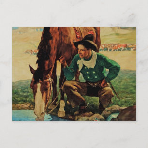 Postal Vaquero dando agua a su caballo por NC Wyeth