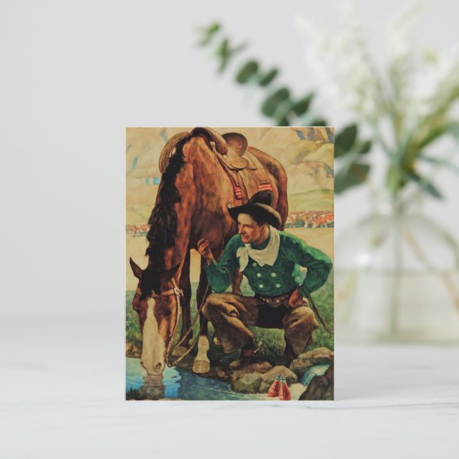 Postal Vaquero dando agua a su caballo por NC Wyeth (Anverso de pie)