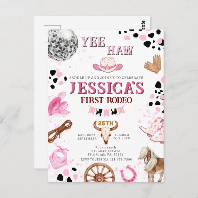 Postal Vaquero Disco Cowgirl Rodeo Cumpleaños (Anverso / Reverso)