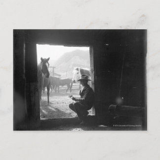 Postal Vaquero en la puerta con caballos