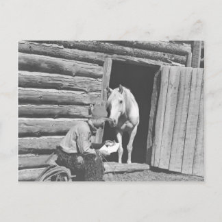 Postal Vaquero leyendo una carta con un caballo