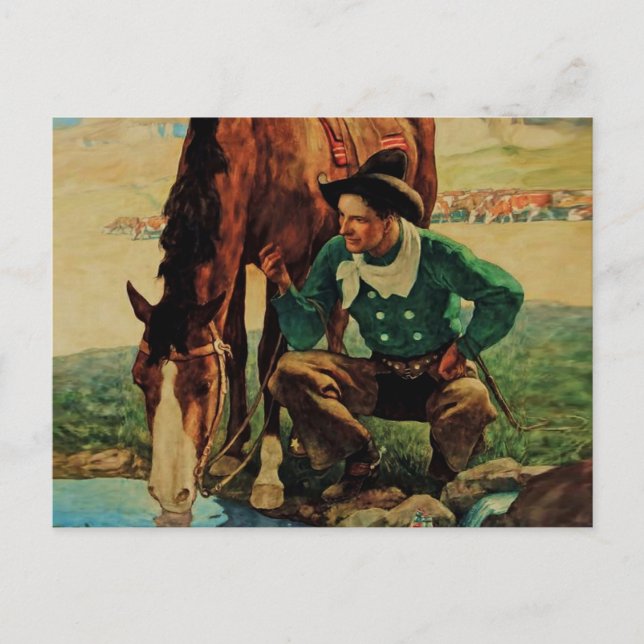 Postal Vaquero regando su caballo por NC Wyeth (Anverso)
