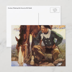 Postal Vaquero regando su caballo por NC Wyeth, arte vint
