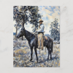Postal vaquero sentado en caballo pintando arte occidenta