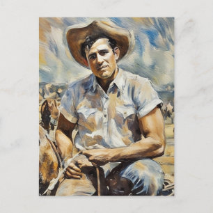 Postal vaquero sentado en una cerca pintando arte western