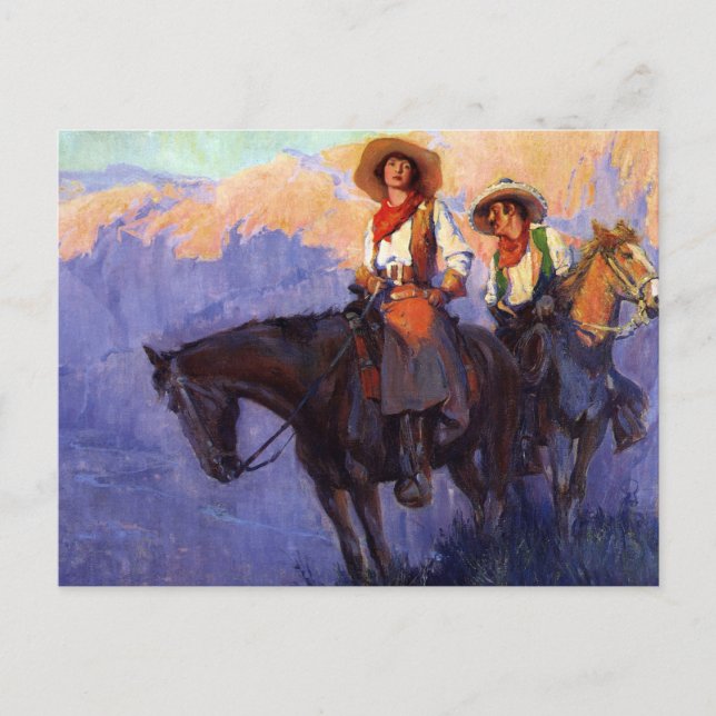 Postal Vaqueros vintage, hombre y mujer en caballos, Ande (Anverso)