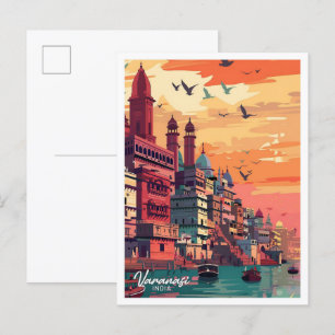 Postal Varanasi India Ilustracion de Viajes Vintage