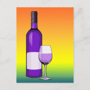 Postal vaso y botellas de vino de historieta de halftone