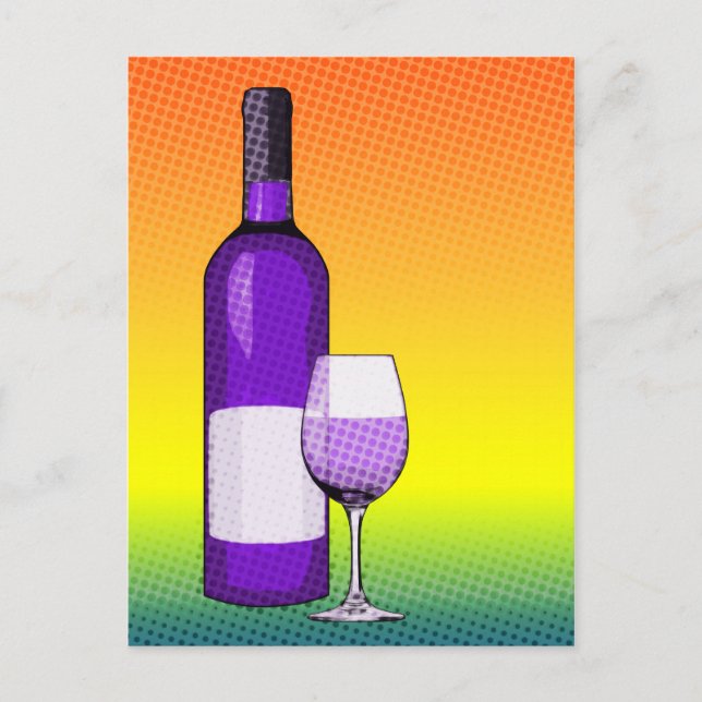Postal vaso y botellas de vino de historieta de halftone (Anverso)