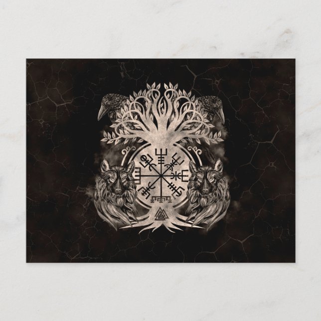 Postal Vegvisir - Yggdrasil con Ravens & Wolves (Anverso)