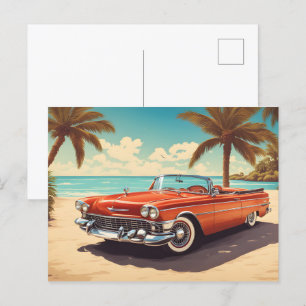 Postal Vehículo vintage en la playa con tabla de surf