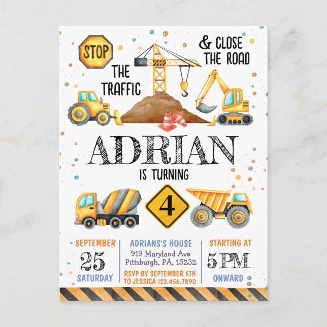 Postal Vehículos de construcción de cumpleaños en acuarel (Anverso)