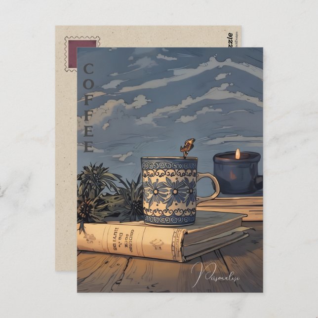 Postal Vela de libro de taza de café antiguo cielo azul n (Anverso / Reverso)