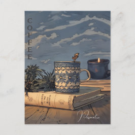 Postal Vela de libro de taza de café antiguo cielo azul n