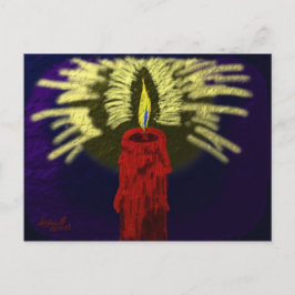 Postal vela roja con luz dorada, espalda azul-noche