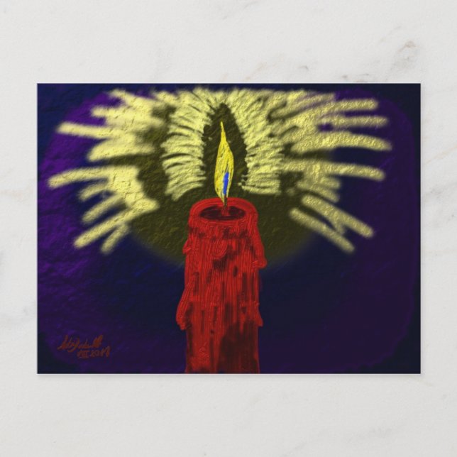 Postal vela roja con luz dorada, espalda azul-noche (Anverso)