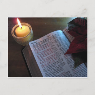 Postal Velas, Biblia y Poinsetta