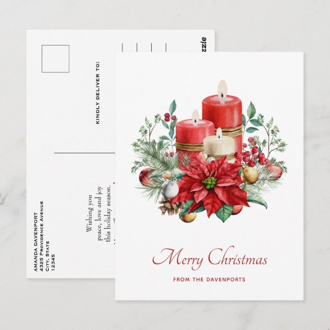 Postal Velas de acuarela y Navidad de flor de pascua (Anverso / Reverso)