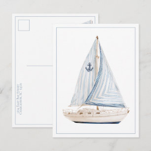 Postal Velero Costero Con Vela De Franja Azul Personaliza