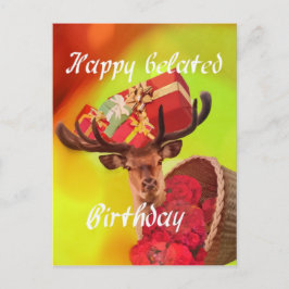 Postal Venado con regalos en cumpleaños tardío.