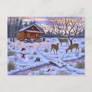Postal Venado De Cabina De Invierno En Escena De Navidade