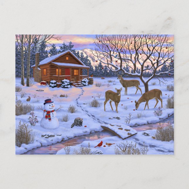 Postal Venado De Cabina De Invierno En Escena De Navidade (Anverso)