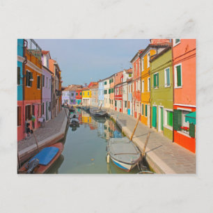 Postal Venecia, canal de la isla de Burano, pequeñas casa