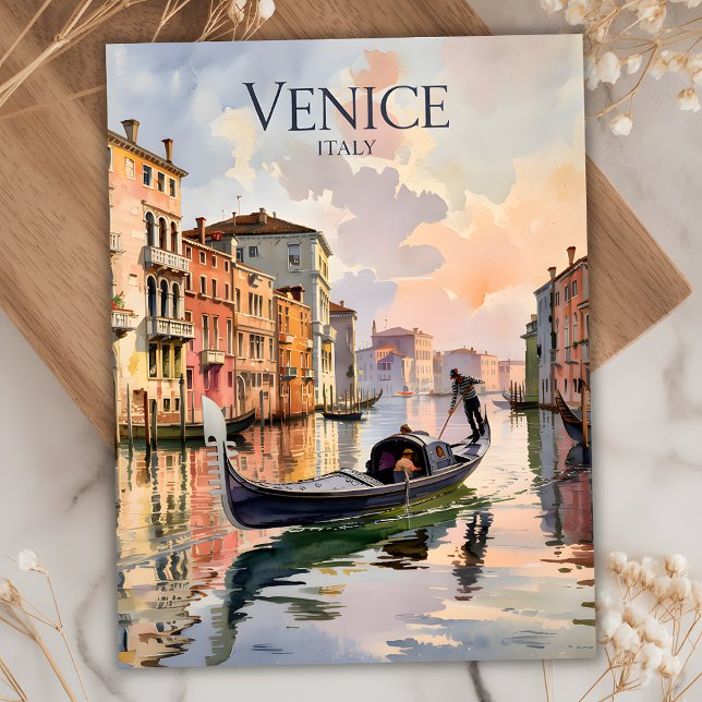 Postal Venecia Gondola Ride Agua Canal Colorido (Venice Gondola Ride Watercolor Canal Colorful Postcard)