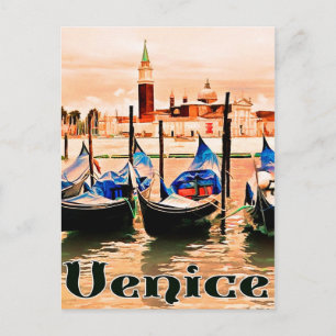 Postal Venecia, Italia, barcos en el puerto de la ciudad,
