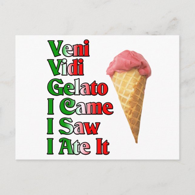 Postal Veni Vini Gelato (vine vi que me lo comí) (Anverso)