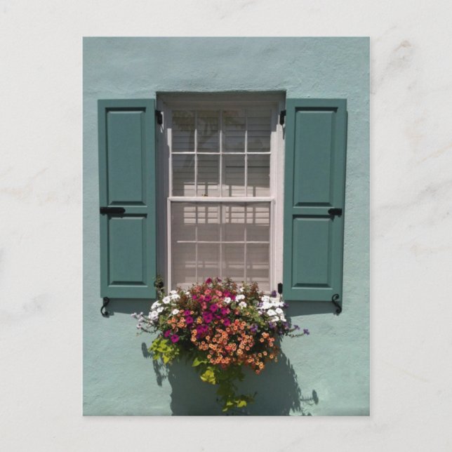 Postal Ventana con persianas turquesa y ventana (Anverso)