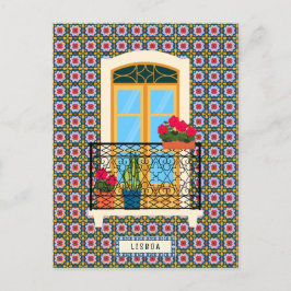 Postal Ventana de la casa de Lisboa con plantas y azulejo