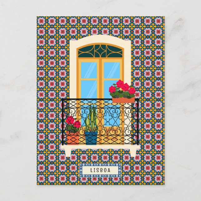 Postal Ventana de la casa de Lisboa con plantas y azulejo (Anverso)