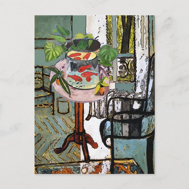 Postal Ventana en verde con pescado de oro, (Anverso)