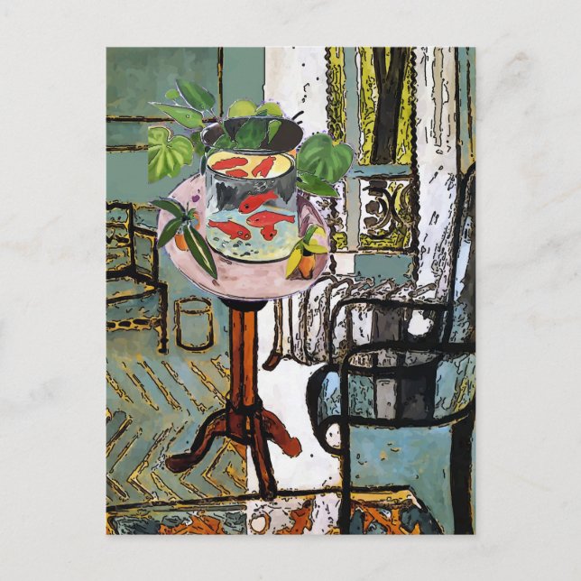 Postal Ventana en verde con pescado de oro, (Anverso)