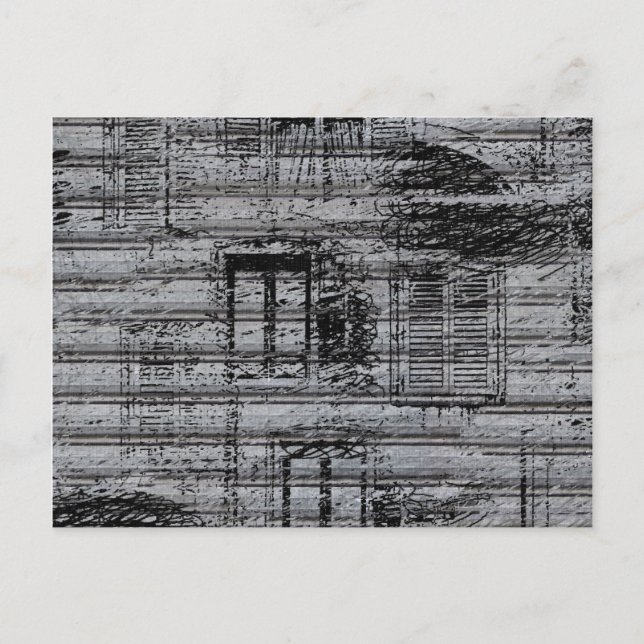 Postal ventanas grises y garabatos sobre el fondo metaliz (Anverso)