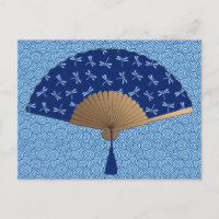 Ventilador japonés, patrón de libélula, azul cobal